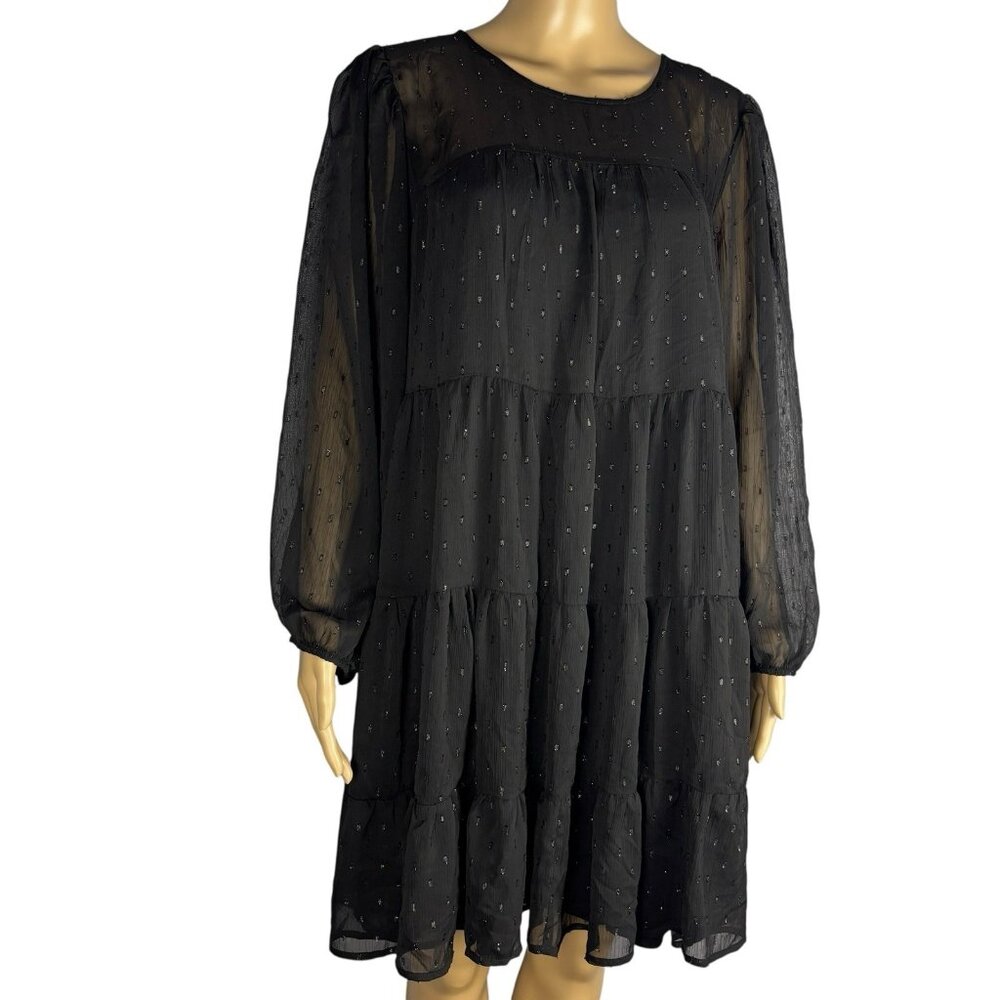 Always Indigo Tiered Mini Dress Women’s Plus Size 1X Black  Mesh Printed